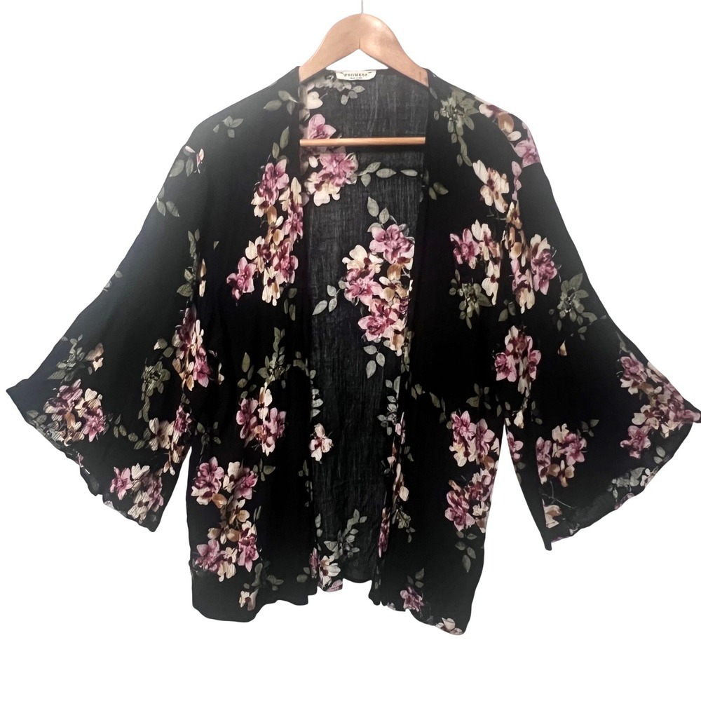 Promesa Womens ‎ Boho Country Flowy Black Floral Kimono Cardigan Bell Sleeve S M